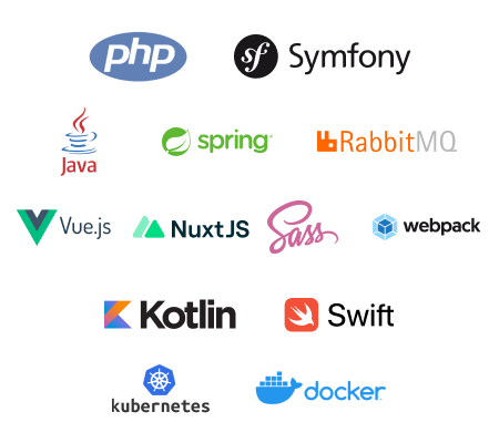 Alkalmazott kompetenciáink között található a Java, PHP, Symfony, Devops, Kotlin, Swift, Vue.js