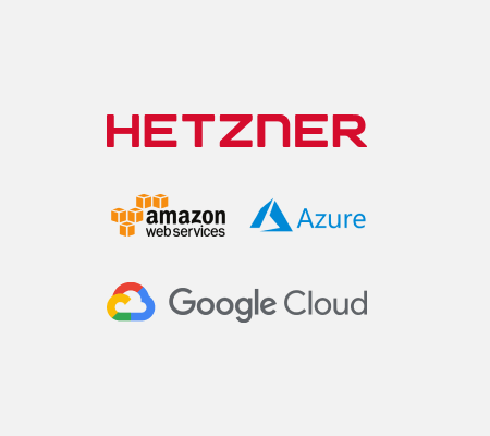 Hosting providers: Hetzner Cloud, Amazon, Google Cloud, and Azure products.