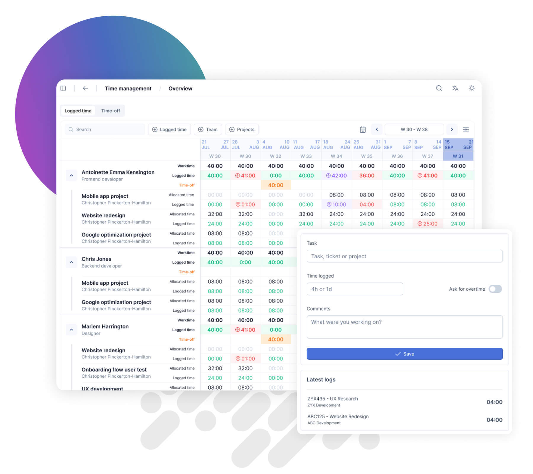 Timesheet felület heti nézettel, projekt és task választóval