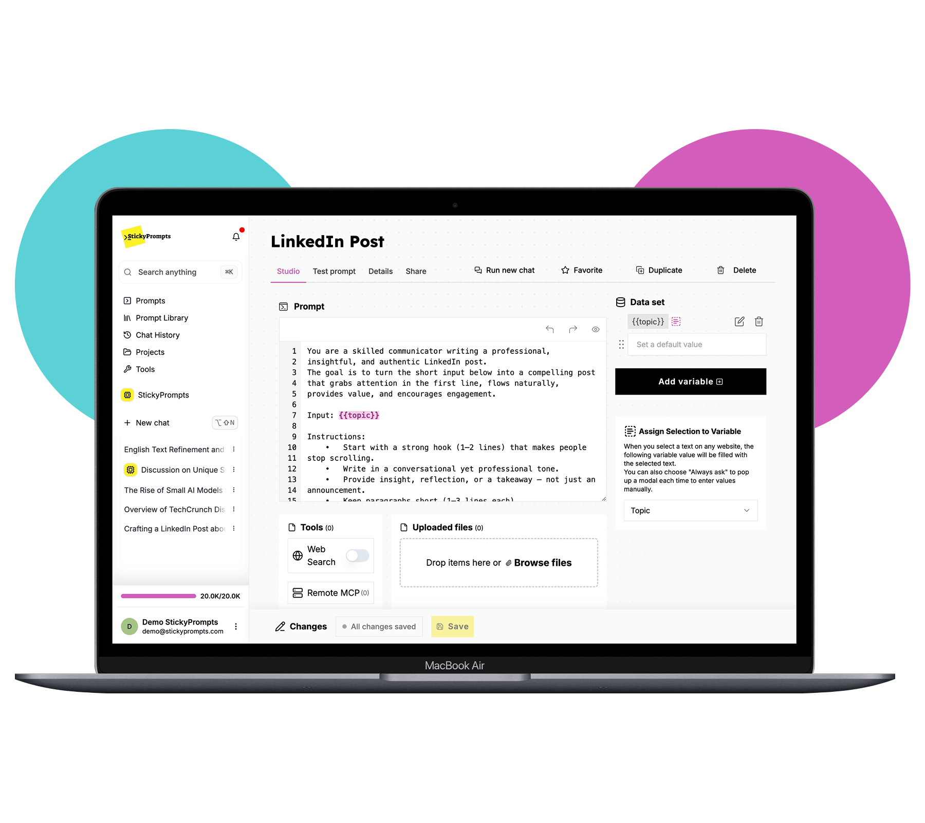 Sticky Prompts prompt szerkesztő céges sablon könyvtárral és megosztási opciókkal