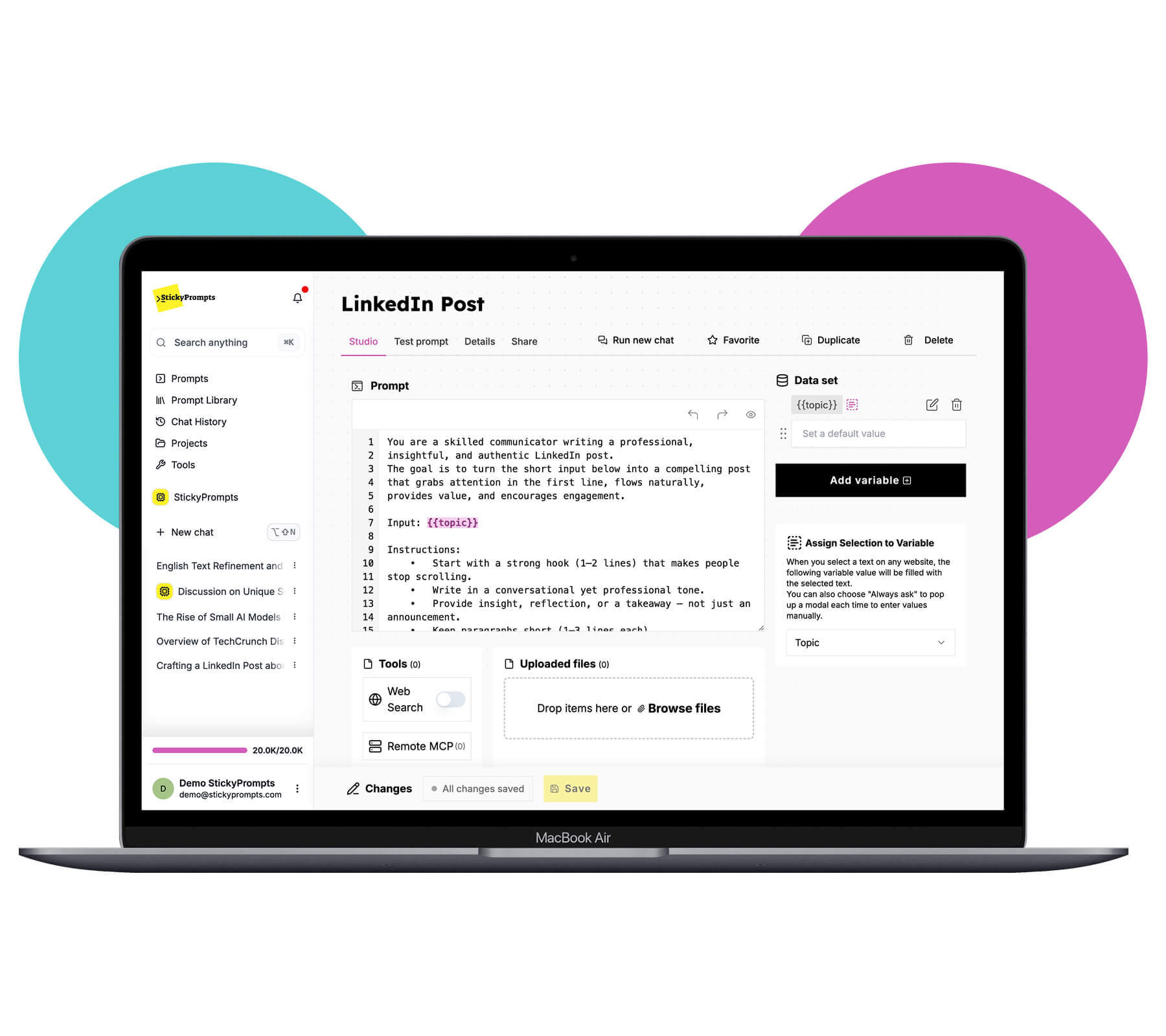 Sticky Prompts prompt szerkesztő céges sablon könyvtárral és megosztási opciókkal