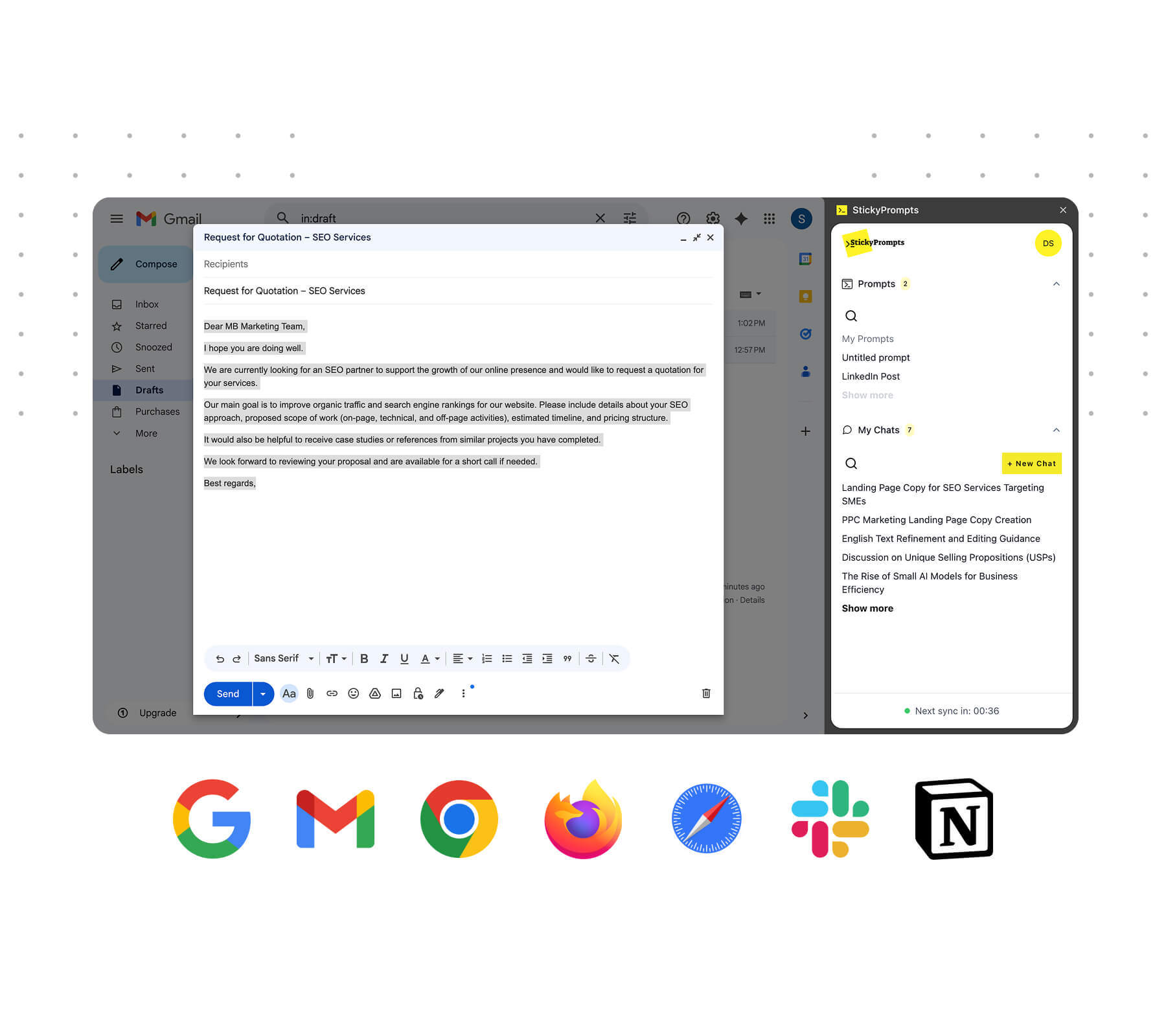 Sticky Prompts böngészőbővítmény, Gmail kontextus menü AI akciókkal