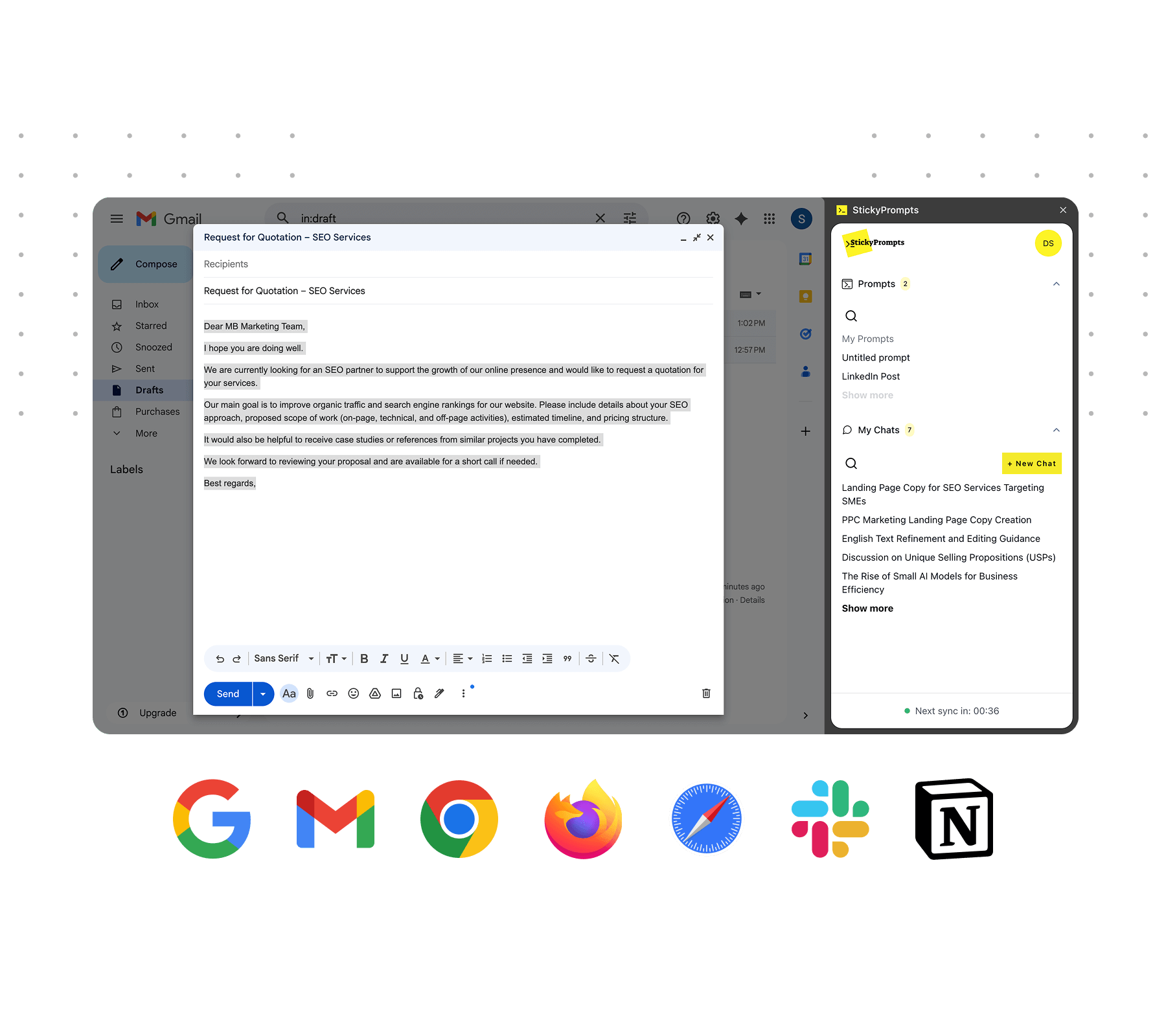Sticky Prompts böngészőbővítmény, Gmail kontextus menü AI akciókkal