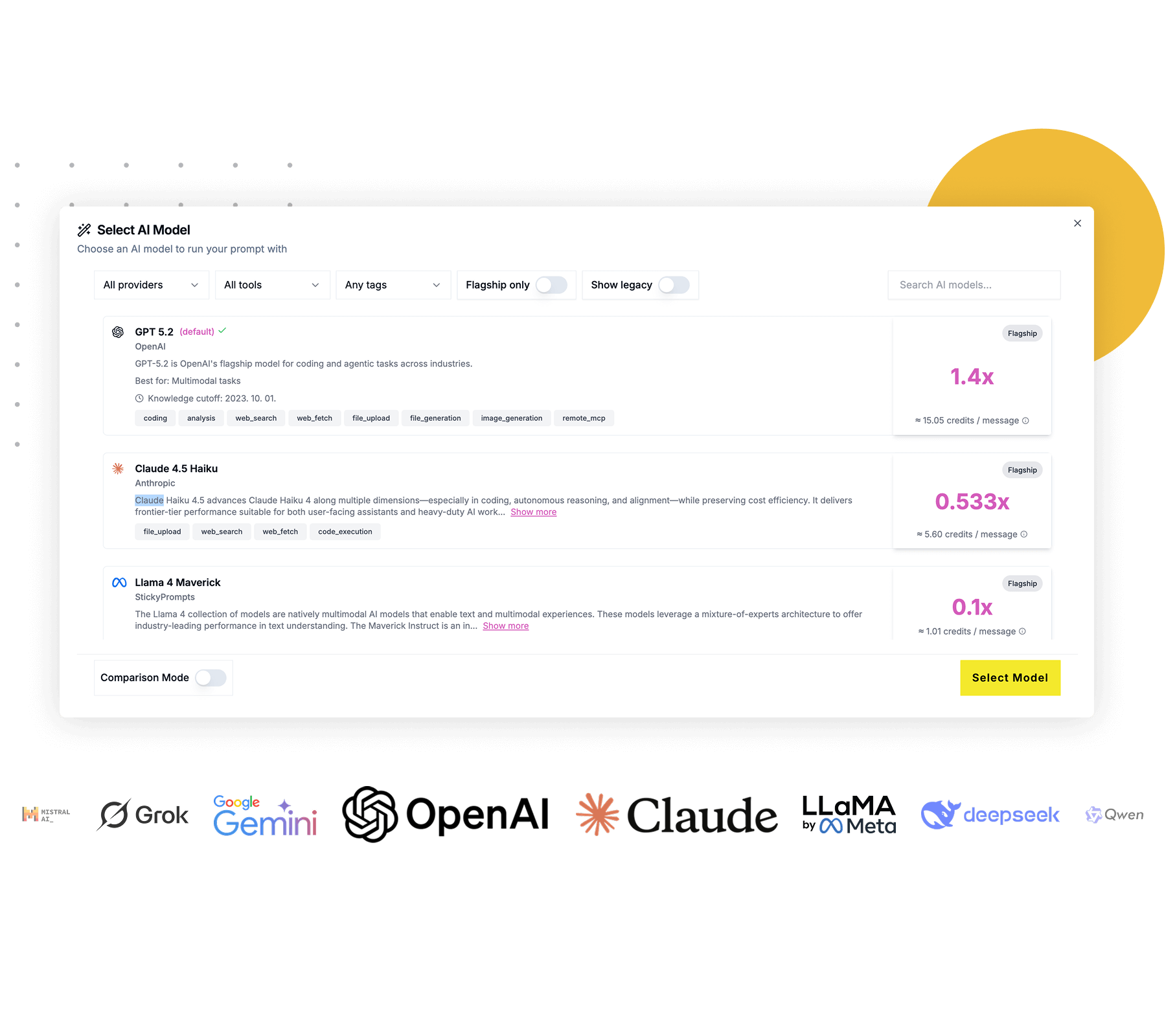 Modellválasztó felület az elérhető AI szolgáltatókkal, OpenAI, Claude, Gemini