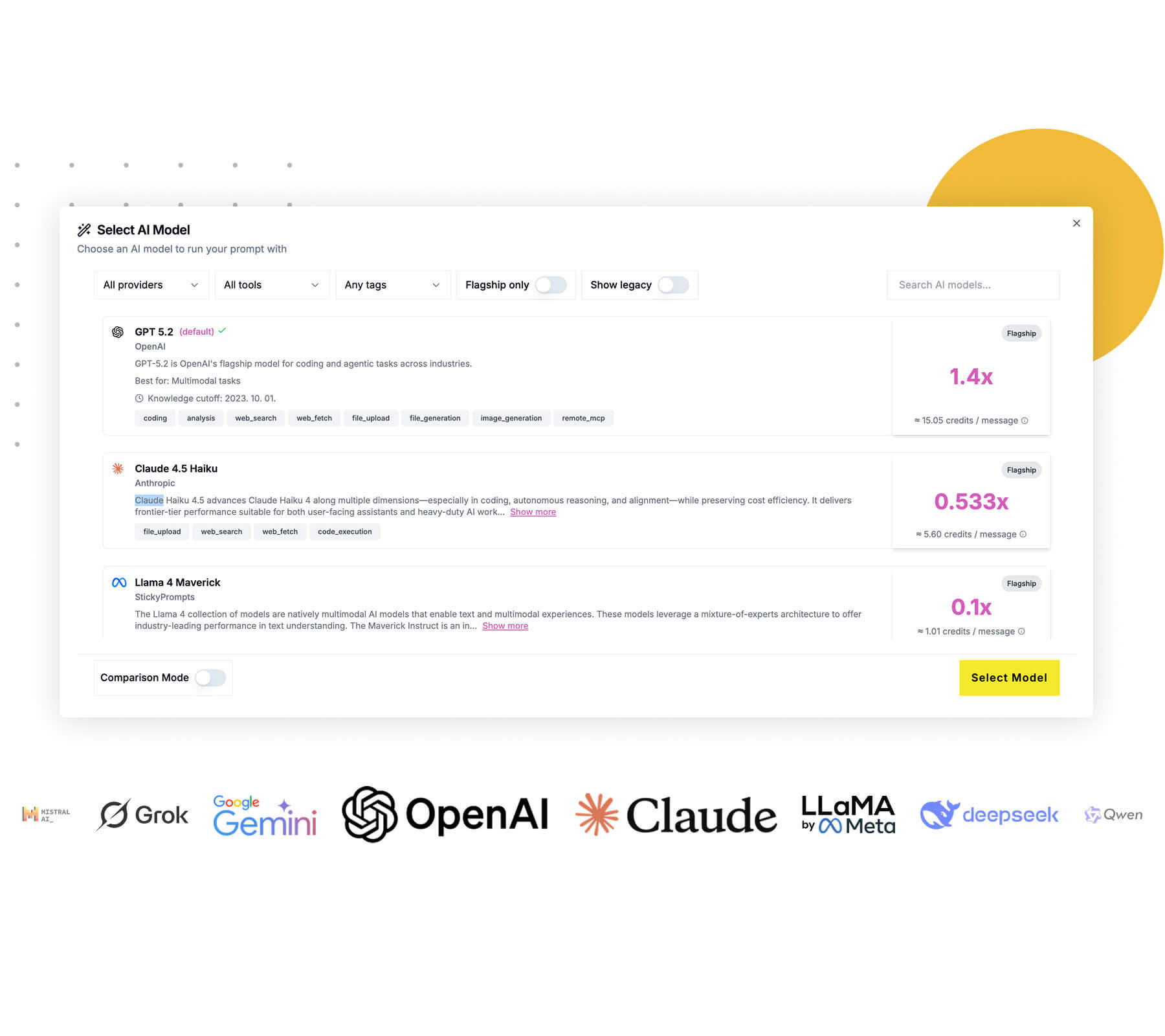 Modellválasztó felület az elérhető AI szolgáltatókkal, OpenAI, Claude, Gemini