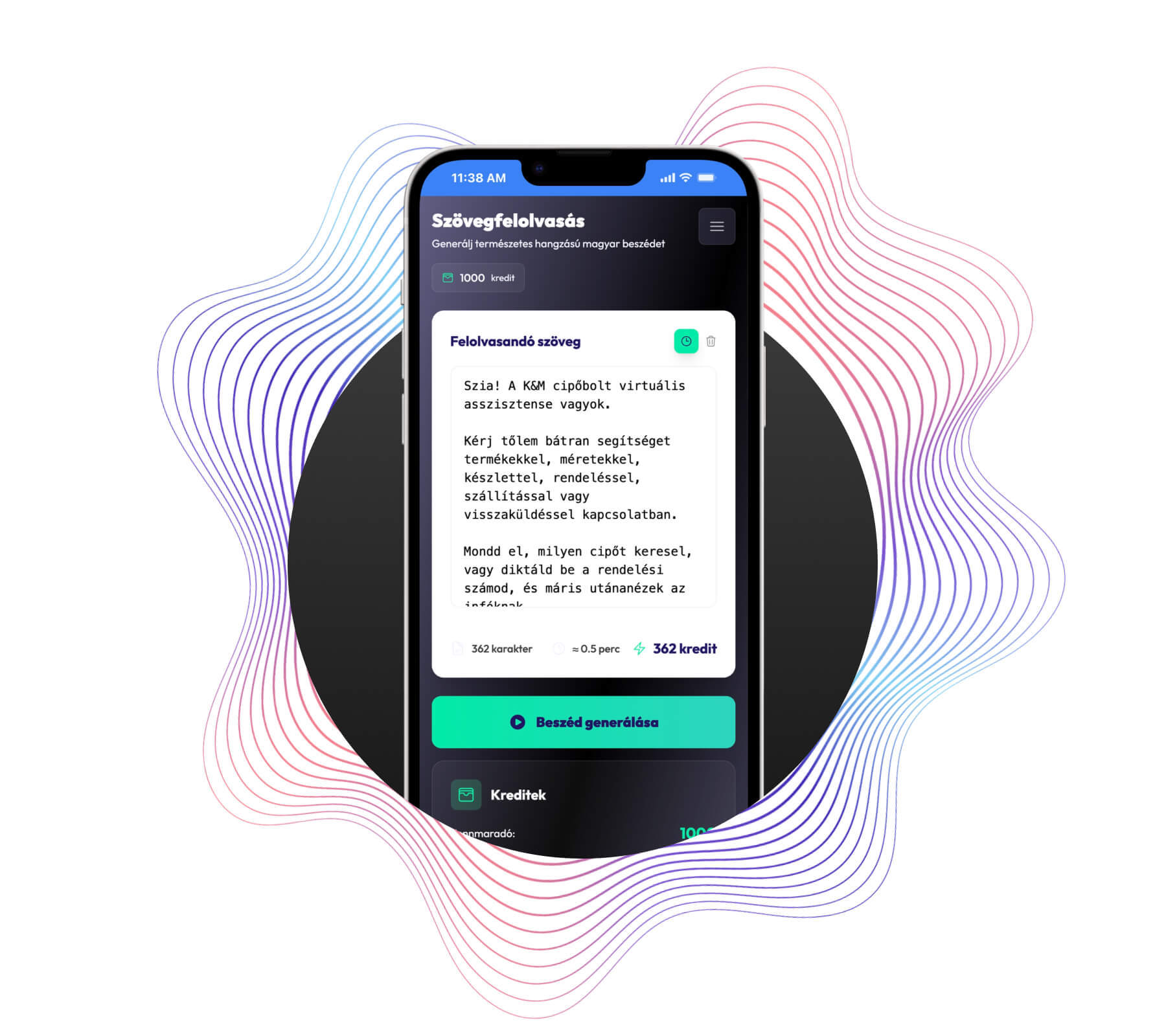 LogiTalk API felület szöveg beviteli mezővel, hangszín választóval és hullámforma vizualizációval