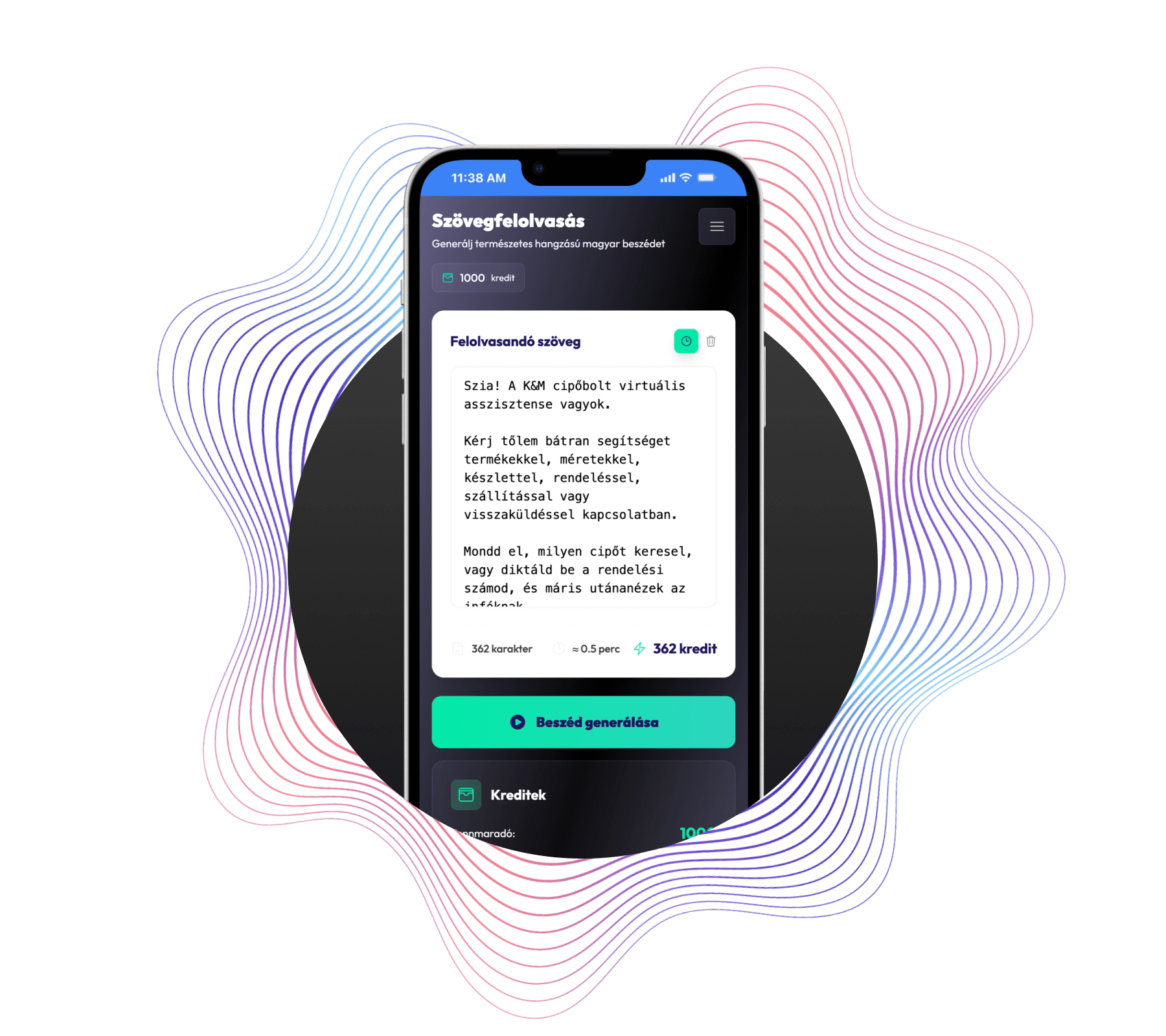 LogiTalk API felület szöveg beviteli mezővel, hangszín választóval és hullámforma vizualizációval
