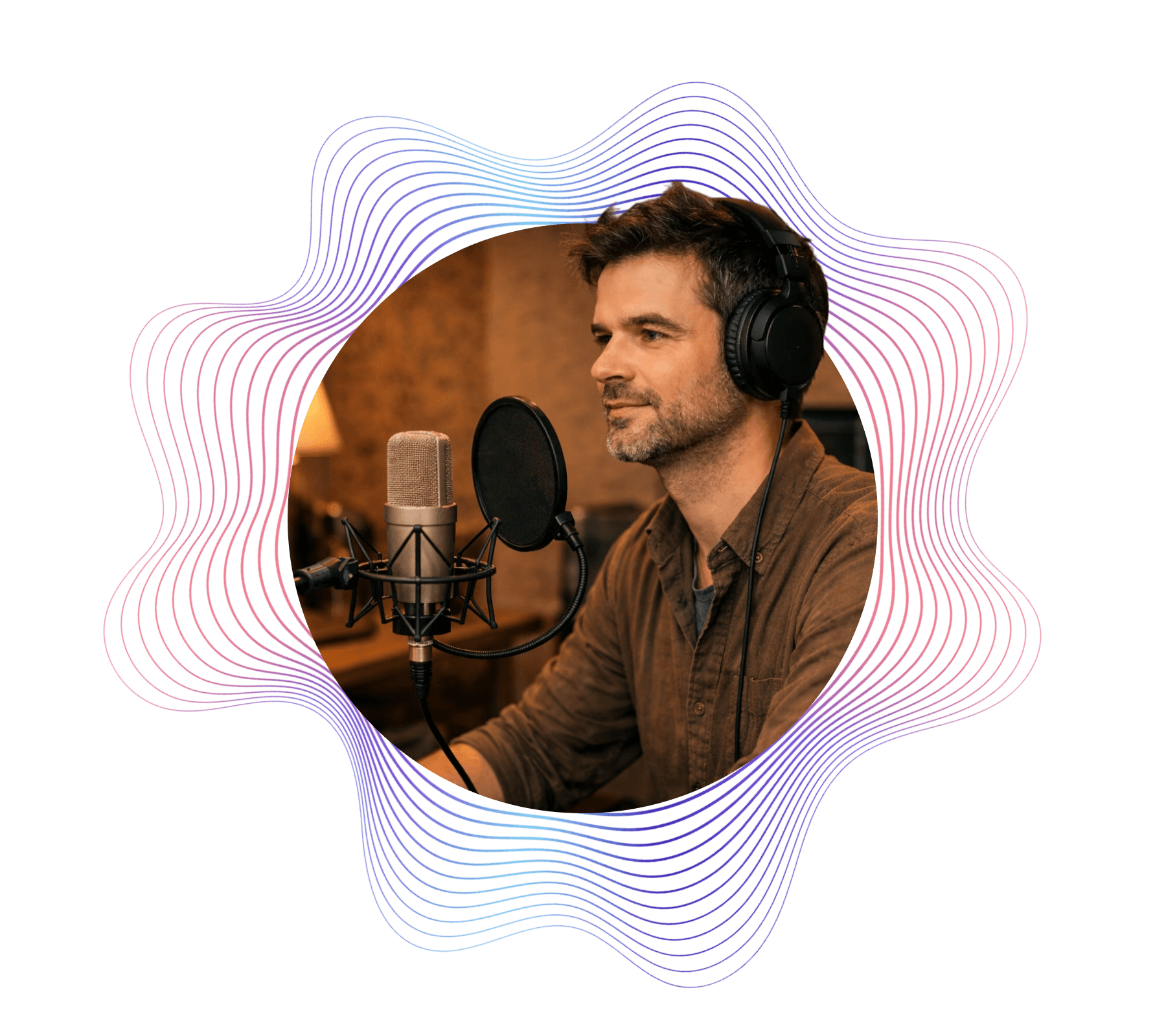 Valódi szinkronszínész stúdió környezetben, professzionális mikrofon előtt