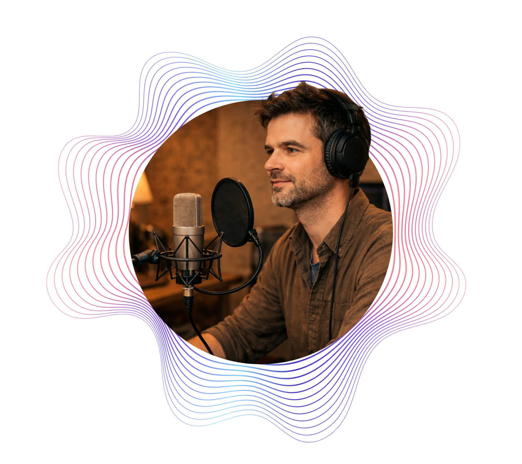 Valódi szinkronszínész stúdió környezetben, professzionális mikrofon előtt