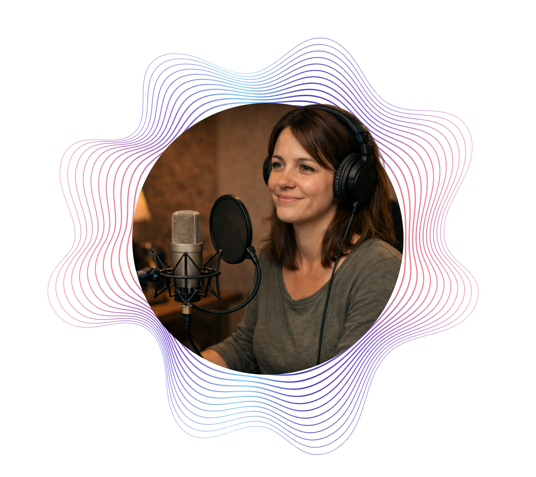 Valódi szinkronszínész stúdió környezetben, professzionális mikrofon előtt