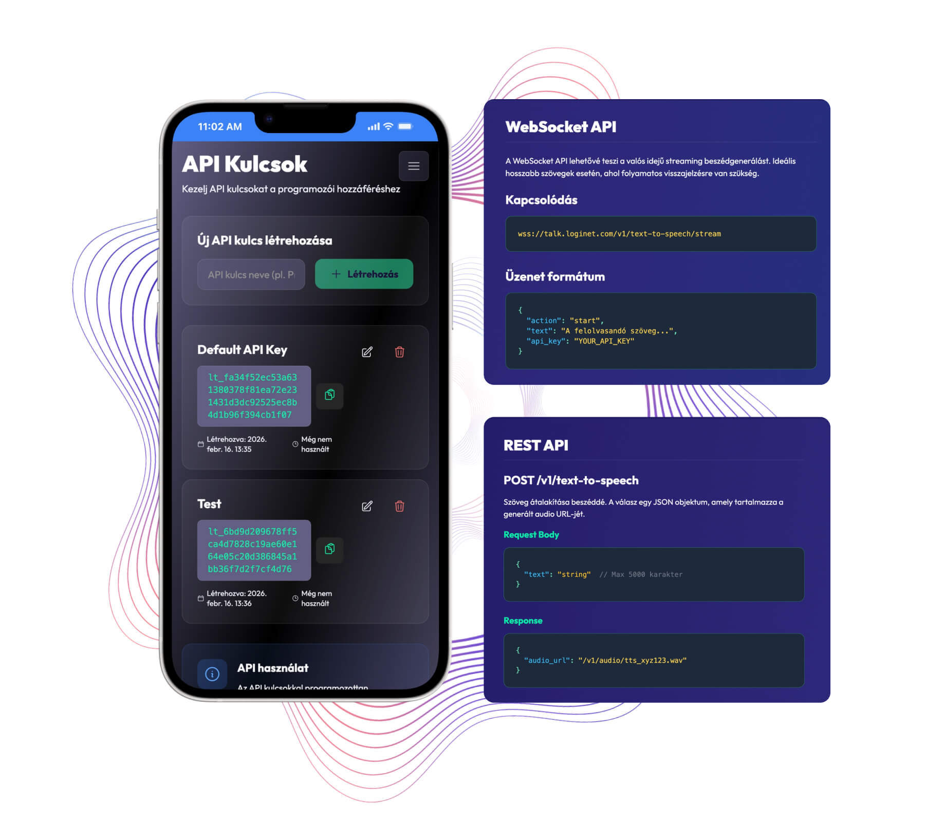 API dokumentáció kódrészletekkel, REST és WebSocket példákkal