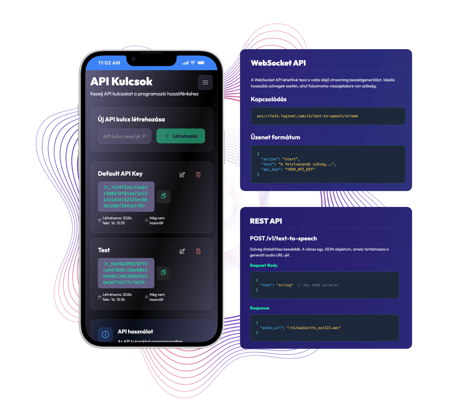 API dokumentáció kódrészletekkel, REST és WebSocket példákkal