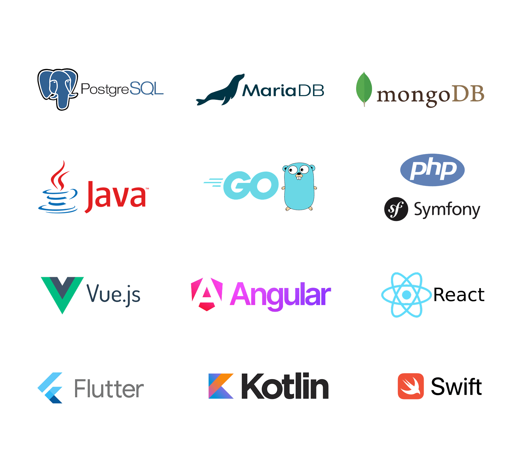 Technológiai stack vizualizáció – backend, frontend, adatbázis és mobil technológiák