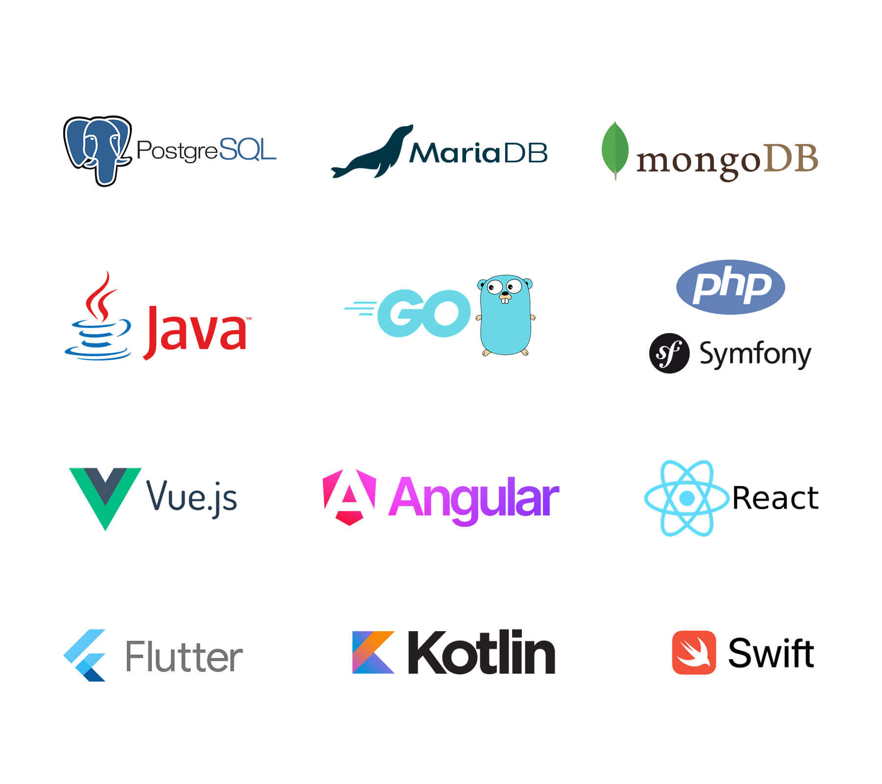 Technológiai stack vizualizáció – backend, frontend, adatbázis és mobil technológiák